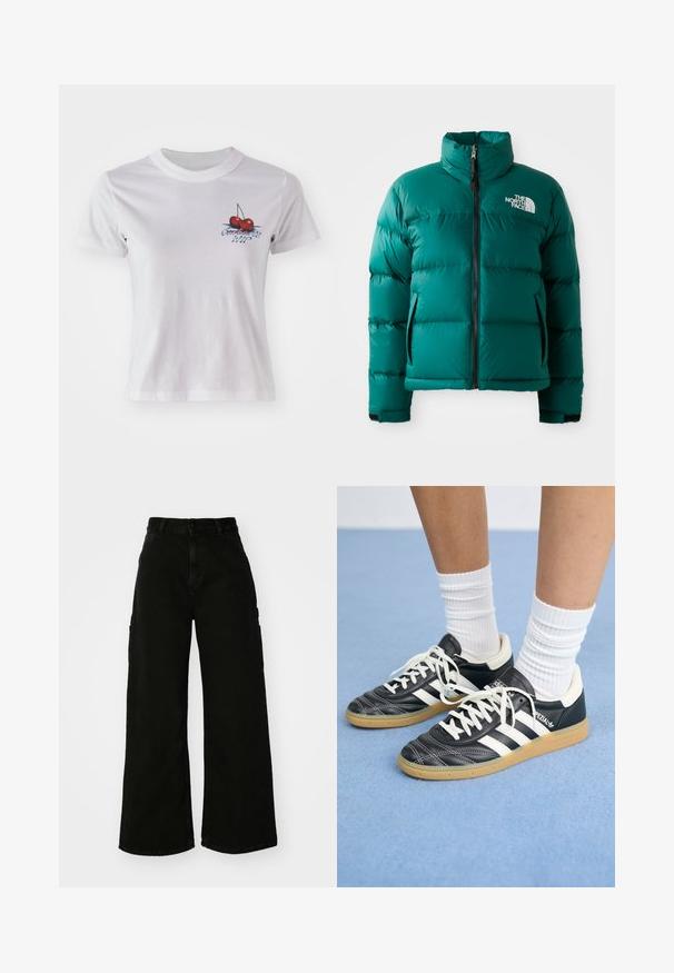 Zaļš pūkains jaciņš ar augstu apkakli, ar rāvējslēdzēju priekšā un sānu kabatām. Izgatavots no spīdīga, quiltēta materiāla ar izteiksmīgu zīmola simboliku.; Baltas kokvilnas T-krekls ar ķiršu grafiku un tekstu "Conchita WIP" z蓝ā krāsā. Īsas piedurknes un apaļa kakla dizains.; Melni platā kāju kravas bikses no denima, ar augstu vidukli, priekšējo pogu aizdari un sānu kabatām. Gluda tekstūra ar minimālu šuvju skaitu.; Melnas ādas sporta apavus ar baltām svītrām, apaļu purngalu, baltām auklām un gumijas zoli. Izceļas ar mīksto apkakli un zīmola detaļām.