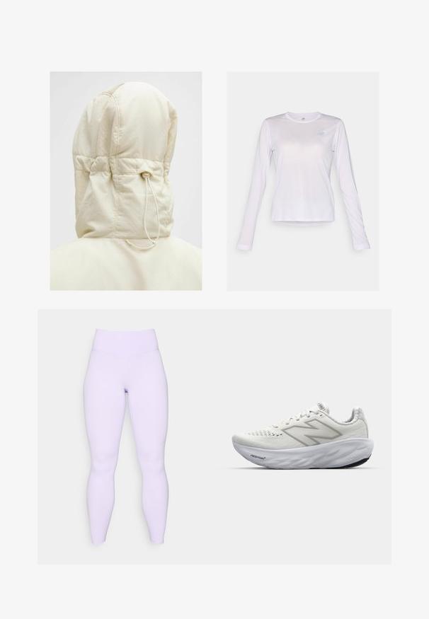 Padded hooded jacket w kolorze jasnego beżu. Posiada ściągacz przy szyi, teksturowaną zewnętrzną tkaninę oraz detale szycia.; New Balance - Bluzka z długim rękawem; Liliowe legginsy z wysokim stanem, wykonane z elastycznego, gładkiego materiału. Dopasowany krój bez widocznych wzorów lub akcentów.; Białe buty sportowe z siateczkową cholewką, z wyściełanym kołnierzem, teksturowaną podeszwą i brandingiem "Fresh Foam" na śródpodeszwie.