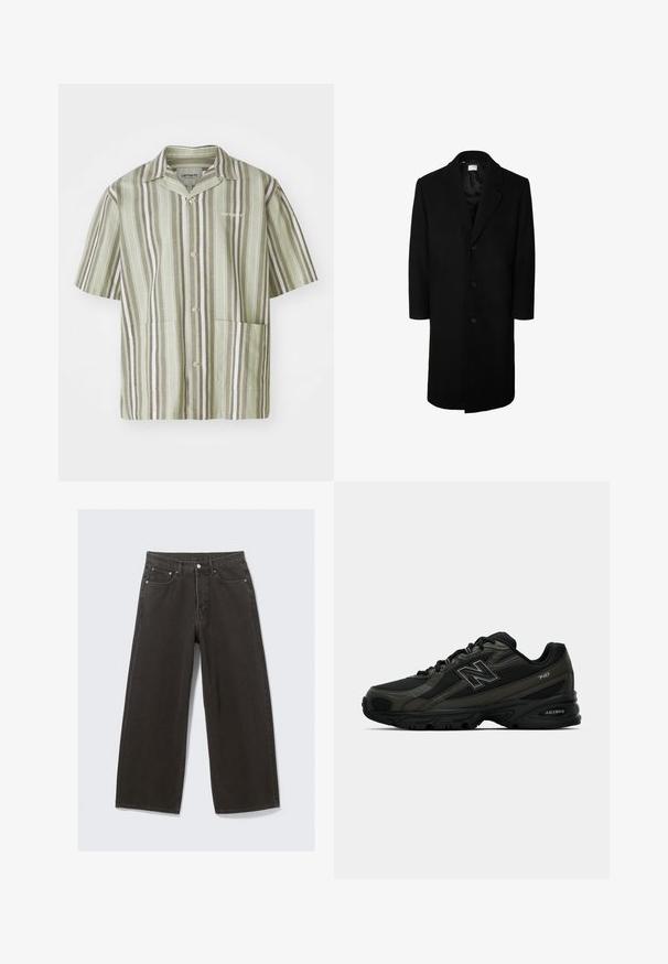 Zwarte wollen overjas met een klassieke reverskraag, lange mouwen en een sluiting met vijf knopen; gladde textuur en knielange ontwerp.; Marineblauwe sweatshirt met groene horizontale streep, witte bies, ribgebreide manchetten en kraag; voorzien van een gouden logo in het midden van de borst.; Korte mouwen overhemd met knoopsluiting in lichtgroen met verticale strepen in donkergroen en wit. Voorzien van twee voorzakken en een kraag.; Witte katoenen T-shirt met korte mouwen, een ronde hals en een ontspannen pasvorm. Gladde textuur, zonder patronen of accenten.; Wijdbenige zwarte denim jeans hebben een hoge taille, vijf zakken en een knoopsluiting. De stof heeft een zachte, gestructureerde afwerking.; Zwarte sportieve schoenen met een gestructureerde synthetische bovenkant, uitgerust met een gevoerde zool en een opvallend "N"-logo aan de zijkant. Het ontwerp bevat lichte mesh-secties.