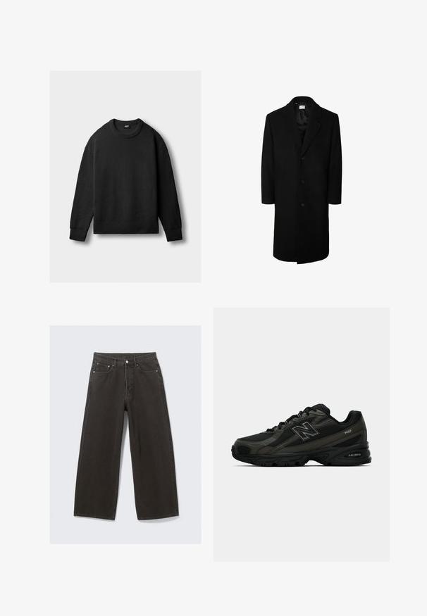 Must must ülekaen, klassikalise kraega, pikad varrukad ja viie nupuga esikinnitus; sile tekstuur ja põlvepikkune disain.; Must musträtiga pehme labakinnastega jope, pikad varrukad ja ribatud mansetid, lõpp ning kaelus, paigutatud tasasele heledale taustale.; Õlivarju roheline puuvillane jakk, millel on nupuga ees, terav krae ja neli taskut. Omab vabalt istuvat lõiget ja pehmet tekstuuri.; Laiad mustad teksad omavad kõrge vöökoha, viit taskut ja nööbiga sulgemist. Kangas on pehme ja tekstuuriga viimistlusega.; Mustad mustreda spordijalatsid tekstuurse sünteetilise pealmise osaga, millel on pehme tallaga ja silmatorkav "N" logo küljel. Disain sisaldab kergeid võrkkosid.