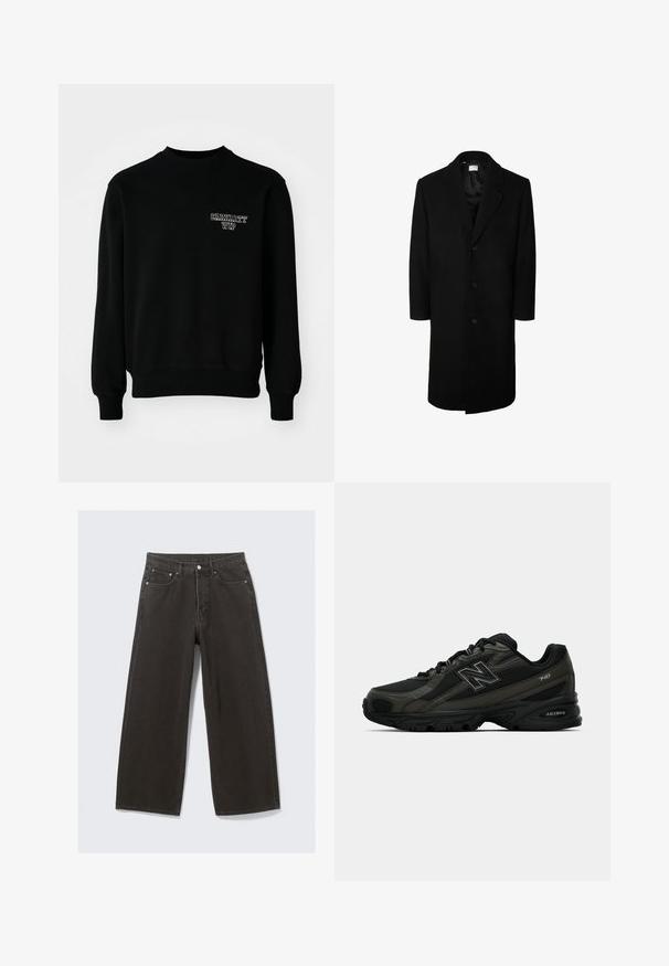 Černý vlněný kabát s klasickým límečkem, dlouhými rukávy a zapínáním na pět knoflíků; hladká textura a délka ke kolenům.; Černá mikina s kulatým výstřihem vyrobená z bavlněné směsi, s žebrovanými manžetami a lemem, na hrudi s malým bílým vyšitým logem.; Džíny s širokými nohavicemi černé barvy mají vysoký pas, design s pěti kapsami a zapínání na knoflíky. Tkanina má jemný a strukturovaný povrch.; Černé sportovní boty se strukturovaným syntetickým svrškem, které mají polstrovanou podrážku a výrazné logo "N" na boku. Design zahrnuje lehké síťované sekce.