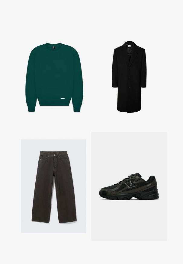Manteau en laine noire avec un col à revers classique, des manches longues et une fermeture à cinq boutons sur le devant ; texture lisse et design jusqu'aux genoux.; Sweatshirt à col rond vert foncé, en mélange de coton, avec des poignets et un ourlet côtelés, design minimaliste avec une petite étiquette logo en bas à gauche.; Veste vert olive en coton avec un devant à boutons, un col pointu et quatre poches. Présente une coupe décontractée et une texture douce.; Des jeans en denim noir à jambe large présentent une taille haute, un design à cinq poches et une fermeture à bouton. Le tissu a une finition douce et texturée.; Baskets de sport noires avec une tige synthétique texturée, dotées d'une semelle rembourrée et d'un logo "N" bien en vue sur le côté. Le design comprend des sections en maille légère.