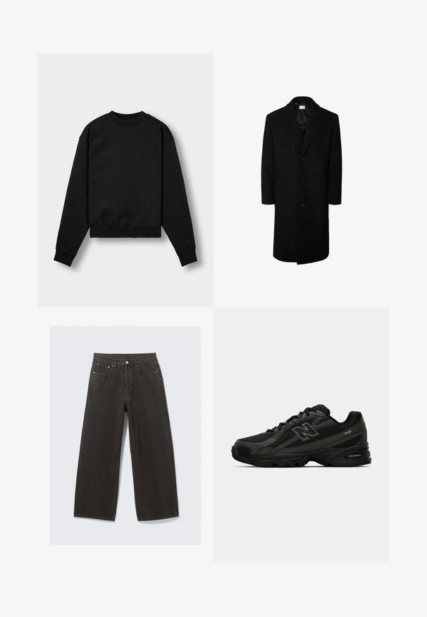 Zwarte wollen overjas met een klassieke reverskraag, lange mouwen en een sluiting met vijf knopen; gladde textuur en knielange ontwerp.; Zwarte cropped sweatshirt met lange mouwen, ronde hals en geribbelde manchetten. Kenmerkt zich door een zachte stofstructuur en een minimalistisch ontwerp.; Wijdbenige zwarte denim jeans hebben een hoge taille, vijf zakken en een knoopsluiting. De stof heeft een zachte, gestructureerde afwerking.; Zwarte sportieve schoenen met een gestructureerde synthetische bovenkant, uitgerust met een gevoerde zool en een opvallend "N"-logo aan de zijkant. Het ontwerp bevat lichte mesh-secties.