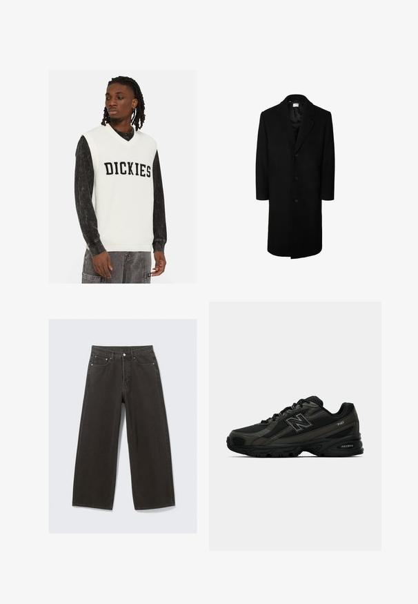 Schwarzer Wollmantel mit klassischem Reverskragen, langen Ärmeln und fünf Knöpfen vorne; glatte Textur und knielanges Design.; Weißer Strickwesten mit V-Ausschnitt, mit dem Wort "DICKIES" in fetten schwarzen Buchstaben. Über einem schwarzen Langarmshirt getragen.; Weißes Baumwoll-T-Shirt mit kurzen Ärmeln, Rundhalsausschnitt und lockerer Passform. Glatte Textur, keine Muster oder akzentuierenden Elemente.; Hochwaisted, weit geschnittene schwarze Denim-Jeans verfügen über ein Fünf-Taschen-Design und einen Knopfverschluss. Der Stoff hat eine weiche, strukturierte Oberfläche.; Schwarze Sportschuhe mit einer strukturierten synthetischen Oberseite, ausgestattet mit einer gepolsterten Sohle und einem auffälligen "N"-Logo an der Seite. Das Design umfasst leichte Mesh-Bereiche.