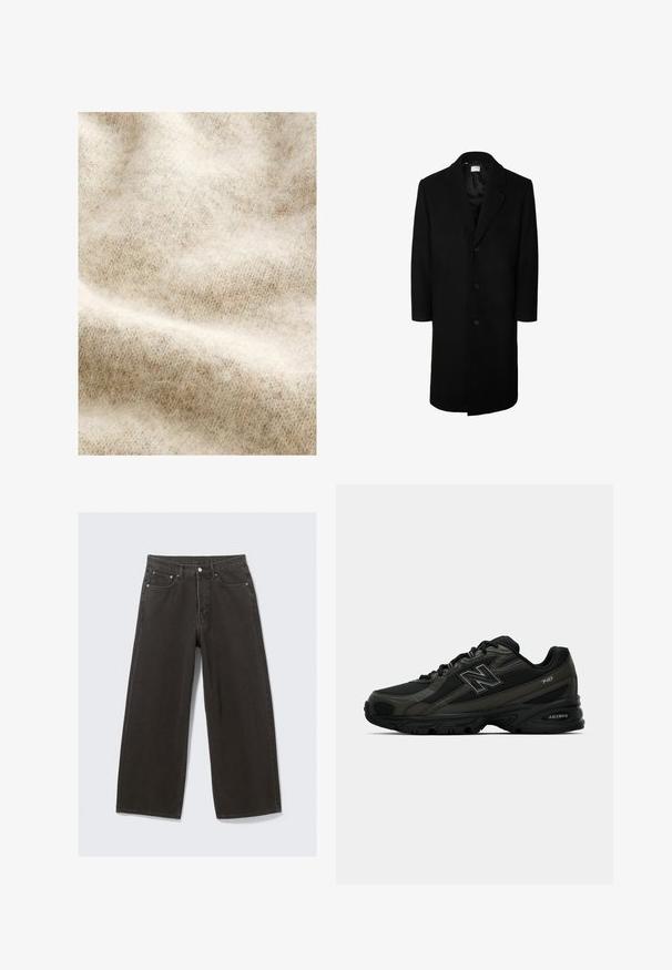 Sort uldoverfrakke med klassisk slagkrave, lange ærmer og fem-knaps lukning foran; glat tekstur og knælangt design.; Lys beige uldestof med en blød, fnugget struktur, der har et diskret hørflet mønster og let farvevariationer. ; Hvid bomulds T-shirt med korte ærmer, rund hals og afslappet pasform. Glat tekstur, ingen mønstre eller accenter.; Bredde ben sorte denim jeans har høj talje, fem-lomme design og knaplukning foran. Stoffet har en blød, tekstureret overflade.; Sorte sportssko med en struktureret syntetisk overdel, der har en polstret sål og prominente "N" logo på siden. Designet inkluderer lette mesh-sektioner.