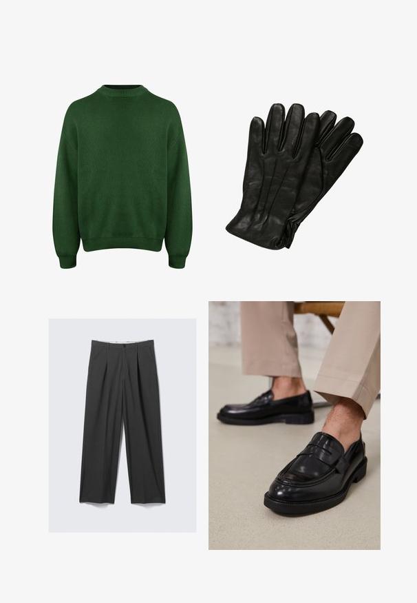 Cappotto lungo in lana nera con colletto a linguetta classico, maniche lunghe e chiusura frontale a cinque bottoni; texture liscia e design di lunghezza al ginocchio.; Maglione verde lavorato a maglia con collo alto, spalle scese e polsini e orlo a costine. Presenta un tessuto morbido e testurizzato.; Pantaloni grigi a gamba larga con pieghe. Realizzati in un tessuto morbido, presentano una chiusura frontale con bottone e passanti per cintura. Design con fronte piatto.; Mocassini in pelle nera con finitura liscia, dotati di una cintura decorativa e cuciture a contrasto, abbinati a pantaloni beige.; Guanti in pelle nera con una texture liscia, cinque dita e dettagli di cucitura sottili. Design classico, adatti per l'uso in clima freddo.