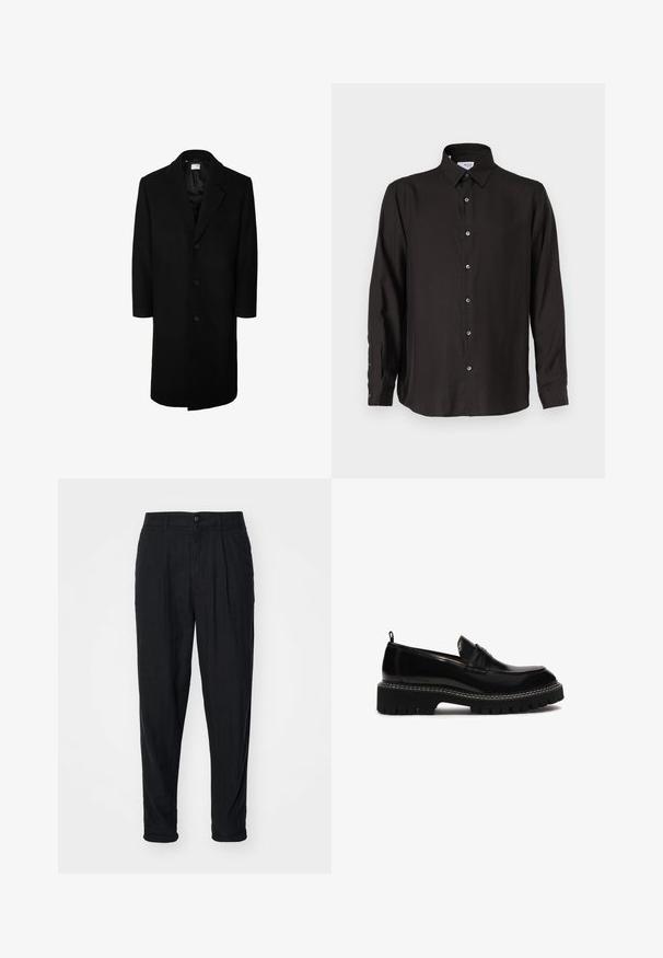 Schwarzer Wollmantel mit klassischem Reverskragen, langen Ärmeln und fünf Knöpfen vorne; glatte Textur und knielanges Design.; Schwarzes Langarmhemd aus glattem Stoff, mit durchgehender Knopfleiste, spitzem Kragen und abgerundetem Saum mit kontrastierenden Knöpfen.; Schwarze Leinenhose mit lockerer Passform, ausgestattet mit einem Knopfverschluss, Falten und umgeschlagenen Säumen. Glatte Textur und minimalistisches Design.; Schwarzer Leder-slipper mit runder Zehenpartie, klobiger strukturierter Sohle, dekorativer Naht und kleinem Absatz. Mit einer Ziehlasche hinten.