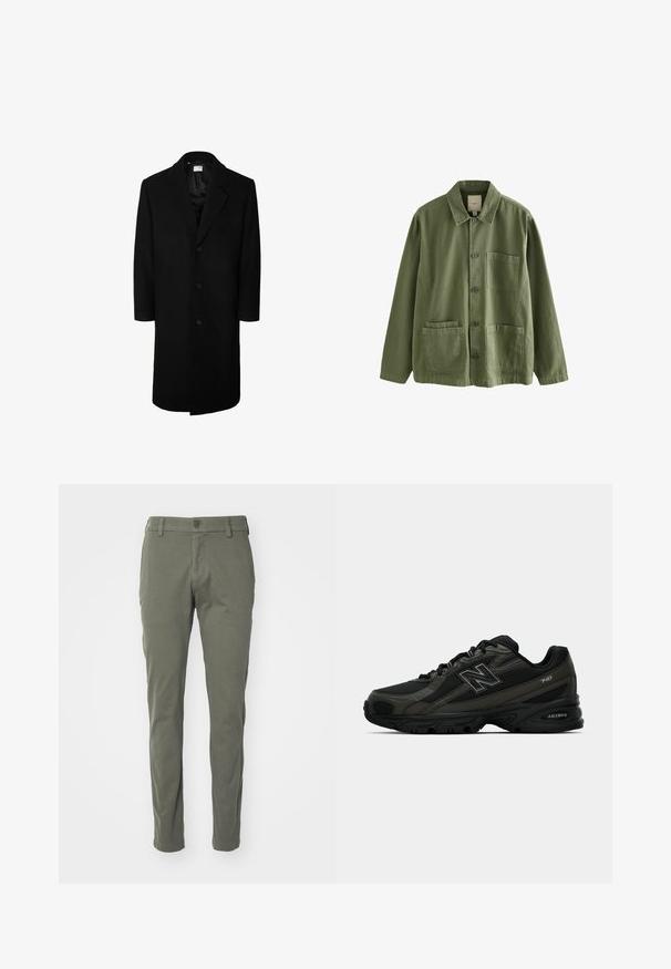 Črn volnen plašč z klasikim ovratnikom, dolgimi rokavi in petimi gumbi spredaj; gladka tekstura in zasnova do kolen.; Olive zelena jakna iz bombaža s sprednjim gumbom, koničastim ovratnikom in štirimi žepi. Ima sproščen kroj in mehak material.; Bela bombažna majica s kratkimi rokavi, okroglim ovratnikom in sproščenim krojem. Gladka tekstura, brez vzorcev ali okrasnih elementov.; Olivno zeleni hlače iz gladke tkanine, z gumbom za zapiranje, zankami za pas in ravnim krojem. Brez vidnih vzorcev ali akcentov.; Črne atletske čevlje s teksturiranim sintetičnim zgornjim delom, ki imajo podložen podplat in izstopajoč "N" logotip na strani. Oblikovanje vključuje lahkotne mrežaste sekcije.