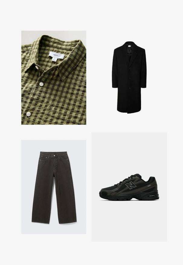 Svart ullkappa med klassisk slagkrage, långa ärmar och femknappslås framtill; slät struktur och knälång design.; Grön rutig kortärmad skjorta i mjukt tyg, med knapp-och krage samt vita knappar, med en etikett och storleksmärke fäst.; Vit bomullströja med korta ärmar, rundad hals och avslappnad passform. Slät textur, utan mönster eller detaljer.; Breda ben svarta denimjeans har hög midja, femfickorsdesign och knäppning med knapp. Tyget har en mjuk, texturerad yta.; Svarta sportskor med en texturerad syntetisk överdel, med en dämpad sula och en framträdande "N"-logotyp på sidan. Designen inkluderar lätta meshsektioner.
