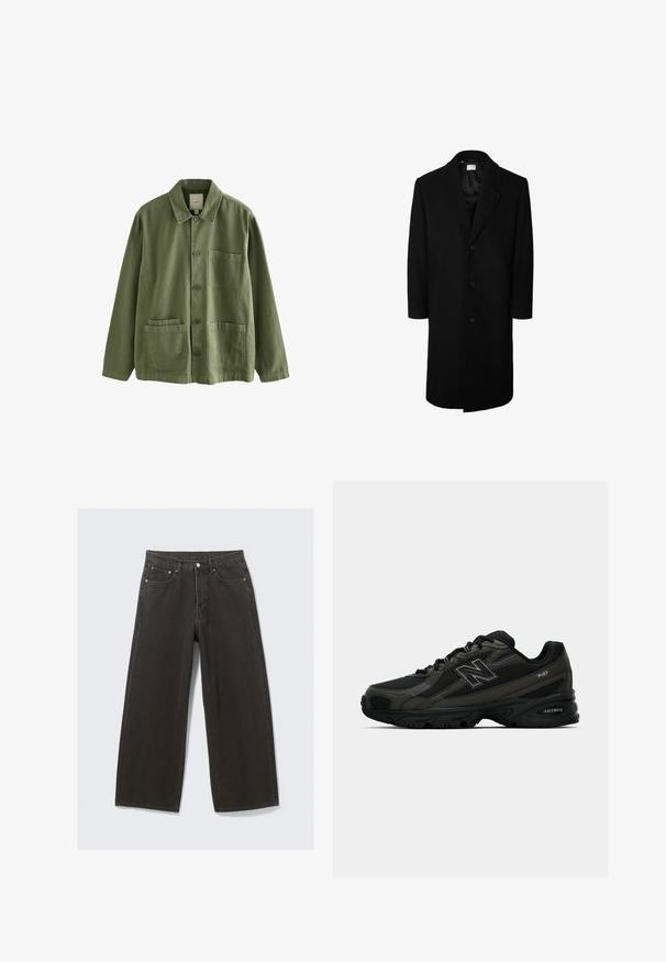 Zwarte wollen overjas met een klassieke reverskraag, lange mouwen en een sluiting met vijf knopen; gladde textuur en knielange ontwerp.; Olijfgroene jas van katoen met een knoopsluiting, spitse kraag en vier zakken. Heeft een relaxte pasvorm en een zachte textuur.; Witte katoenen T-shirt met korte mouwen, een ronde hals en een ontspannen pasvorm. Gladde textuur, zonder patronen of accenten.; Wijdbenige zwarte denim jeans hebben een hoge taille, vijf zakken en een knoopsluiting. De stof heeft een zachte, gestructureerde afwerking.; Zwarte sportieve schoenen met een gestructureerde synthetische bovenkant, uitgerust met een gevoerde zool en een opvallend "N"-logo aan de zijkant. Het ontwerp bevat lichte mesh-secties.
