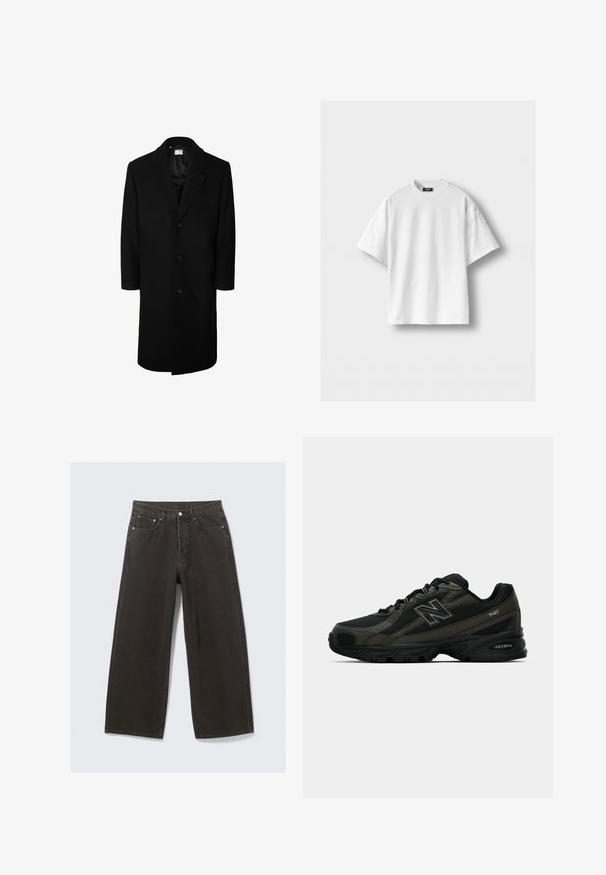 Černý vlněný kabát s klasickým límečkem, dlouhými rukávy a zapínáním na pět knoflíků; hladká textura a délka ke kolenům.; Bílý bavlněný tričko s krátkým rukávem, kulatým výstřihem a volným střihem. Hladká textura, žádné vzory ani akcenty.; Olivově zelená bunda vyrobená z bavlny s knoflíkovým zapínáním, špičatým límcem a čtyřmi kapsami. Má volný střih a měkkou texturu.; Džíny s širokými nohavicemi černé barvy mají vysoký pas, design s pěti kapsami a zapínání na knoflíky. Tkanina má jemný a strukturovaný povrch.; Černé sportovní boty se strukturovaným syntetickým svrškem, které mají polstrovanou podrážku a výrazné logo "N" na boku. Design zahrnuje lehké síťované sekce.