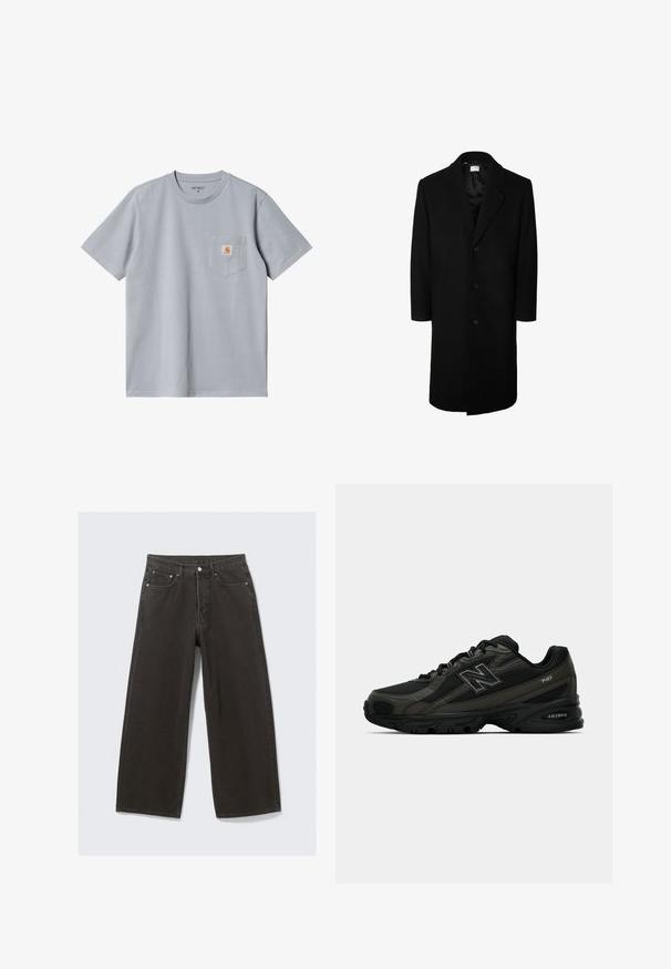 Mustan villapäällystakin klassinen kauluskollari, pitkät hihat ja viiden napin etuosa; sileä rakenne ja polvimittainen muotoilu.; Harmaa puuvillapaita, jossa on lyhyet hihat, pyöreä kaula-aukko ja rintatasku, jossa on pieni oranssi logo. Sujuva tekstuuri, rento muotoilu.; Vihreä oliivi takki, joka on valmistettu puuvillasta, napitus edessä, terävä kaulus ja neljä taskua. Ominaisuuksiin kuuluu rento mitoitus ja pehmeä tekstuuri.; Mustat leveälahkeiset farkut, joissa on korkea vyötärö, viisi taskua ja napitus. Kankaan pinta on pehmeä ja teksturoidun tuntuinen.; Mustat urheilukengät, joissa on teksturoitu synteettinen päällinen, pehmustettu pohja ja näkyvä "N"-logo sivussa. Suunnittelussa on kevyitä verkkokohteita.