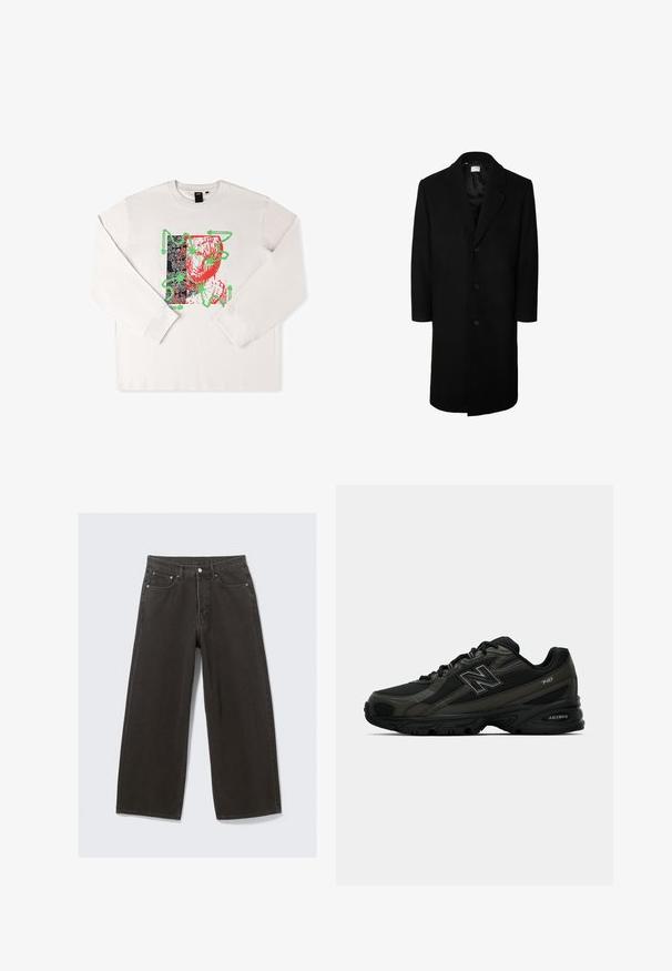Černý vlněný kabát s klasickým límečkem, dlouhými rukávy a zapínáním na pět knoflíků; hladká textura a délka ke kolenům.; Bílé tričko s dlouhým rukávem, zdobené grafickým potiskem s červenými a zelenými akcenty, abstraktním designem a černým vzorovaným pozadím.; Olivově zelená bunda vyrobená z bavlny s knoflíkovým zapínáním, špičatým límcem a čtyřmi kapsami. Má volný střih a měkkou texturu.; Džíny s širokými nohavicemi černé barvy mají vysoký pas, design s pěti kapsami a zapínání na knoflíky. Tkanina má jemný a strukturovaný povrch.; Černé sportovní boty se strukturovaným syntetickým svrškem, které mají polstrovanou podrážku a výrazné logo "N" na boku. Design zahrnuje lehké síťované sekce.