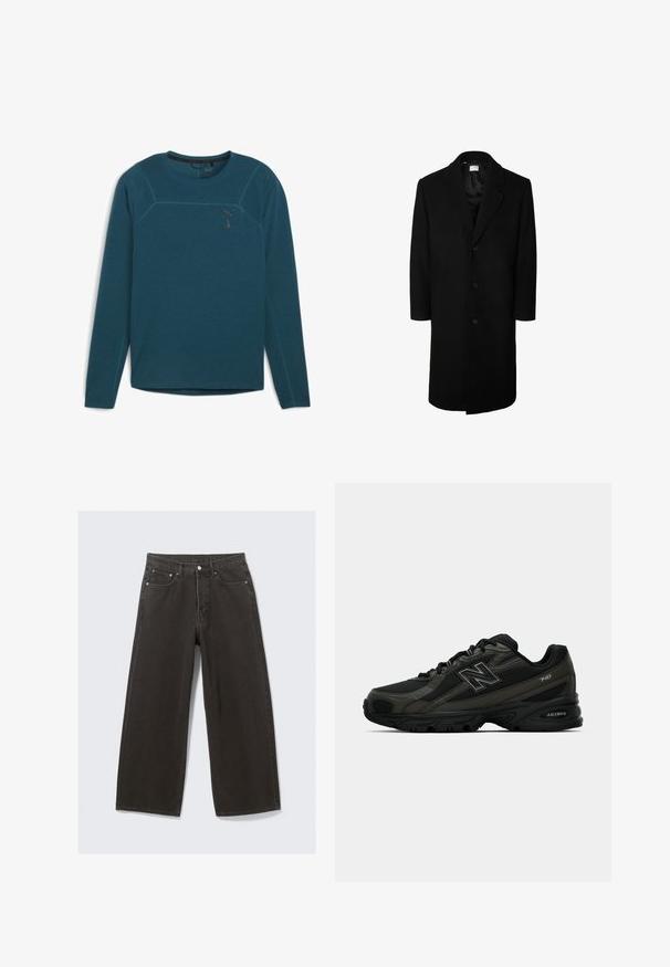 Zwarte wollen overjas met een klassieke reverskraag, lange mouwen en een sluiting met vijf knopen; gladde textuur en knielange ontwerp.; Langarmige turquoise shirt gemaakt van zachte stof, met contrasterende stiksels, een ronde hals en een klein logo op de linkerkant van de borst.; Wijdbenige zwarte denim jeans hebben een hoge taille, vijf zakken en een knoopsluiting. De stof heeft een zachte, gestructureerde afwerking.; Zwarte sportieve schoenen met een gestructureerde synthetische bovenkant, uitgerust met een gevoerde zool en een opvallend "N"-logo aan de zijkant. Het ontwerp bevat lichte mesh-secties.