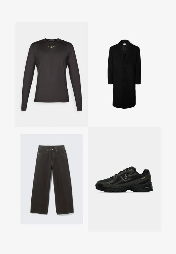 Schwarzer Wollmantel mit klassischem Reverskragen, langen Ärmeln und fünf Knöpfen vorne; glatte Textur und knielanges Design.; Schwarzes Langarmshirt aus glattem Stoff mit rundem Ausschnitt, bedrucktem "HYROX"-Logo in fluoreszierendem Gelb und einer schlanken Passform.; Hochwaisted, weit geschnittene schwarze Denim-Jeans verfügen über ein Fünf-Taschen-Design und einen Knopfverschluss. Der Stoff hat eine weiche, strukturierte Oberfläche.; Schwarze Sportschuhe mit einer strukturierten synthetischen Oberseite, ausgestattet mit einer gepolsterten Sohle und einem auffälligen "N"-Logo an der Seite. Das Design umfasst leichte Mesh-Bereiche.