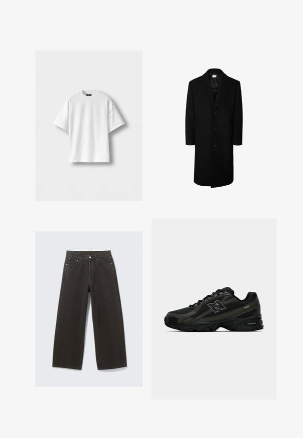 Juodas vilnonis paltas su klasikiniu apykakle, ilgomis rankovėmis ir penkiomis sagomis priekyje; lygus audinys ir iki kelių siekianti forma.; Balta medvilnė T-marškiniai su trumpomis rankovėmis, apvaliu kaklu ir laisvu kirpimu. Lygus paviršius, be raštų ar akcentų.; Tamsiai žalia medvilninė striukė su mygtukų uždarymu, smailiu apykaklę ir keturiomis kišenėmis. Pasižymi laisvu siluetu ir švelnia tekstūra.; Plati juodos džinsinio audinio kelnės turi aukštą liemenį, penkių kišenių dizainą ir užsegimą su sagomis. Audinys yra minkštas, tekstūruotas.; Juodi sportiniai bateliai su tekstūruotu sintetiniu viršumi, su paminkštintu padu ir iššokančiu "N" logotipu ant šono. Dizainas apima lengvas tinklines dalis.