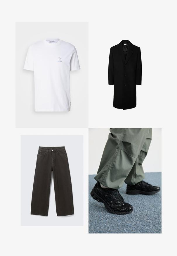 Must must ülekaen, klassikalise kraega, pikad varrukad ja viie nupuga esikinnitus; sile tekstuur ja põlvepikkune disain.; Valge puuvillane lühikeste varrukatega T-särk, millel on väike sinine graafika kahe klaasi ja allkirja "CHEERS" print.; Laiad mustad teksad omavad kõrge vöökoha, viit taskut ja nööbiga sulgemist. Kangas on pehme ja tekstuuriga viimistlusega.; Mustad mustad jooksukingad läikiva ja võrgumaterjaliga tekstuuriga, paksu tallaga ja paeltega, koos lodevate oliiviroheliste cargo-pükstega.