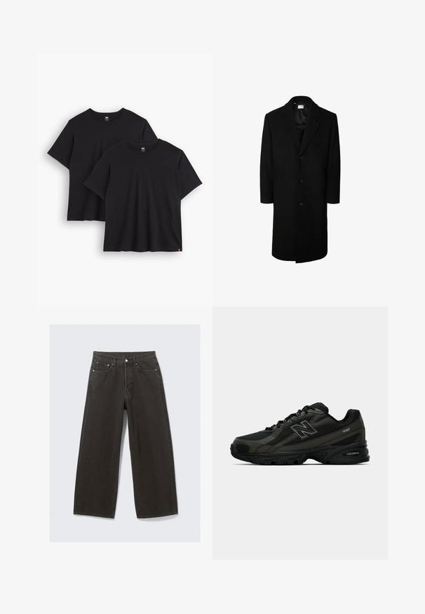 Sort uldoverfrakke med klassisk slagkrave, lange ærmer og fem-knaps lukning foran; glat tekstur og knælangt design.; To sorte bomulds t-shirts med korte ærmer, rund halsudskæring og en afslappet pasform. Hver har et lille vævet mærke ved kanten.; Olivengrøn jakke lavet af bomuld med knaplukning, spidse kraver og fire lommer. Har en afslappet pasform og blød tekstur.; Bredde ben sorte denim jeans har høj talje, fem-lomme design og knaplukning foran. Stoffet har en blød, tekstureret overflade.; Sorte sportssko med en struktureret syntetisk overdel, der har en polstret sål og prominente "N" logo på siden. Designet inkluderer lette mesh-sektioner.