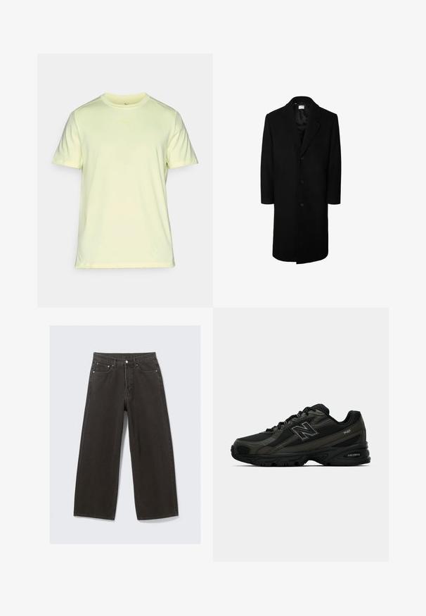 Črn volnen plašč z klasikim ovratnikom, dolgimi rokavi in petimi gumbi spredaj; gladka tekstura in zasnova do kolen.; Svetlo rumena atletska majica iz mehkega, lahkega materiala. Ima okrogli izrez in kratke rokave s subtilnim logotipom na prsih.; Široke črne kavbojke iz denima imajo visok pas, design s petimi žepi in zapiranje na gumb. Tkanina ima mehak, teksturiran zaključek.; Črne atletske čevlje s teksturiranim sintetičnim zgornjim delom, ki imajo podložen podplat in izstopajoč "N" logotip na strani. Oblikovanje vključuje lahkotne mrežaste sekcije.