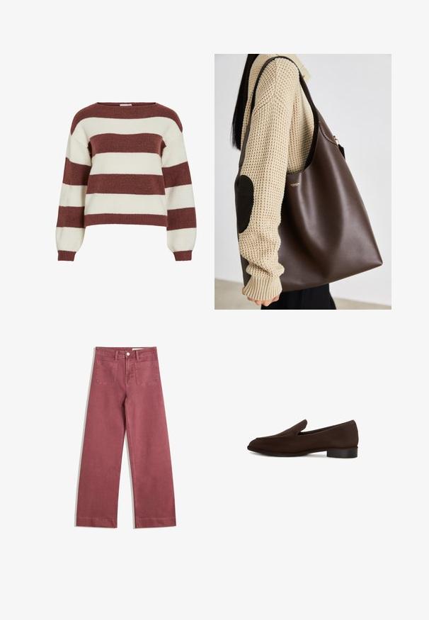 Braune Lederjacke mit hohem Kragen, seitlichen Taschen und elastischem Saum. Glatte Textur mit leicht glänzendem Finish.; Gestreifter Pullover in Burgunderrot und Creme, aus einem weichen, strukturierten Strick gefertigt. Mit weitem Ausschnitt und ballontypischen Ärmeln mit Rippbündchen.; Weite Hosen in einem gedämpften Rosaton. Hergestellt aus robuster Stoff, mit zwei Gesäßtaschen, Knopfverschluss und Gürtelschlaufen.; Brauner Slipper mit glatter Oberfläche, elongated Form, niedrigem Blockabsatz und minimalistischen Design. Keine sichtbaren Muster oder Verzierungen.; Braune Leder-Umhängetasche mit geräumigem Design. Verfügt über eine glatte Textur und ein dezentes Goldenes Logo. Kombiniert mit einem cremefarbenen Strickpullover.