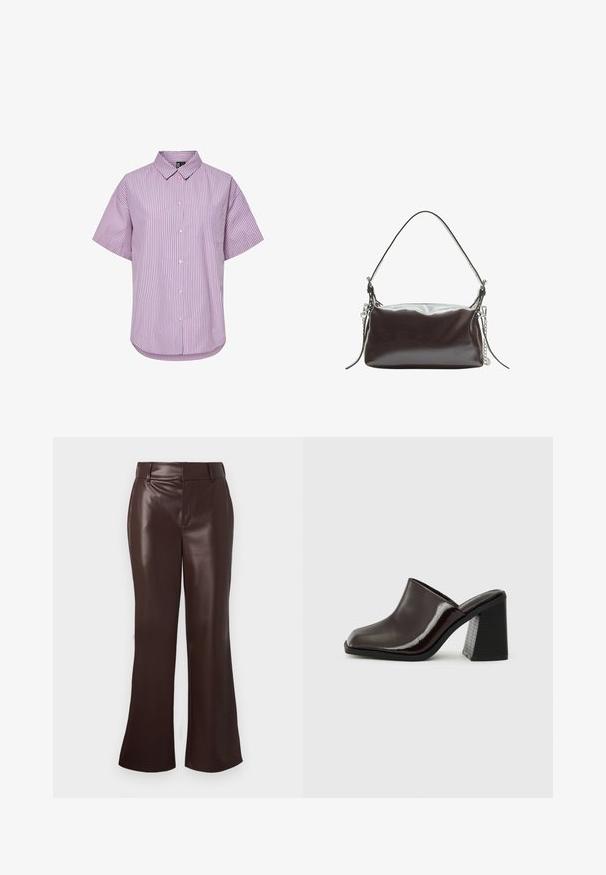 Ruskea nahkatakki, jossa on korkea kaulus, sivutaskut ja elasticisoitu helma. Sileä rakenne, jossa on hieman kiiltävä pinta.; Vaalean liilan värinen, lyhythihainen kauluspaita, jossa on tummemman liilan värisiä pystyraitoja. Paidassa on napitus ja yksi rintatasku.; Ruskeat tekonahasta valmistetut leveälahkeiset housut, joissa on sileä pinta, vyötäröllä vyö ja vetoketju. Siistit linjat ja huoliteltu siluetti.; Tumman viininpunaiset nahka-muulit, joissa on neliömäinen kärki, kiiltävä pinta ja paksu, teksturoitu musta korko. Yksinkertainen muotoilu, helposti liukuvat päällysee.; Ruskea patenttilederisestä käsilaukusta, jossa on rakenteellinen suorakaiteen muotoinen muoto, yksittäinen kahva ja hopeaketjuakseli yhdellä puolella.
