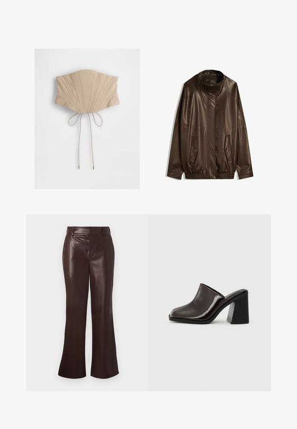 Smeđa kožna jakna s visokim ovratnikom, bočnim džepovima i elastičnim rubom. Glatka tekstura s blago sjajnom završnom obradom.; Bež korzet gornji dio s vertikalnim plisiranjima, s uskim strukom i podesivim vezicama na leđima sa metalnim vrhovima. Glatka tekstura tkanine.; Smeđe hlače od umjetne kože sa širom nogavicom i glatkom teksturom, s pojasom u struku i zatvaračem na munju. Čiste linije i elegantan silueta.; Tamno burgundski kožni mule sa četvrtastim vrhom, sjajnom završnom obradom i čvrstim, teksturiranim crnim visokim potplatom. Jednostavan dizajn, za lako obuvanje.
