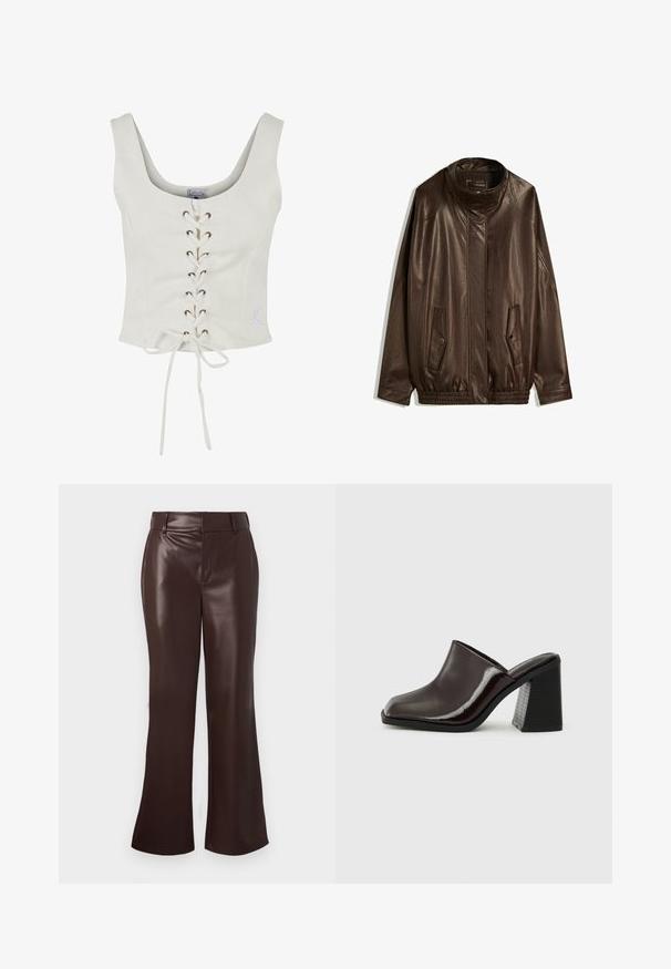 Barna bőrkabát magas gallérral, oldalsó zsebekkel és rugalmas szegéllyel. Simább textúra, enyhén fényes felülettel.; Fehér, széles pántos, rövidített felső, fűzős elejével, barna szemcsés részletekkel és megkötő derékrésszel. Puha anyag, minimalista dizájnnal.; Barna műbőr harangnadrág sima textúrával, övvel ellátott derékkal és cipzáros záródással. Tiszta vonalak és elegáns sziluett.; Sötét burgundi bőr mules cipők négyzetes orral, fényes felülettel és tömör, texturált fekete sarokkal. Egyszerű dizájn, könnyen felvehető stílus.