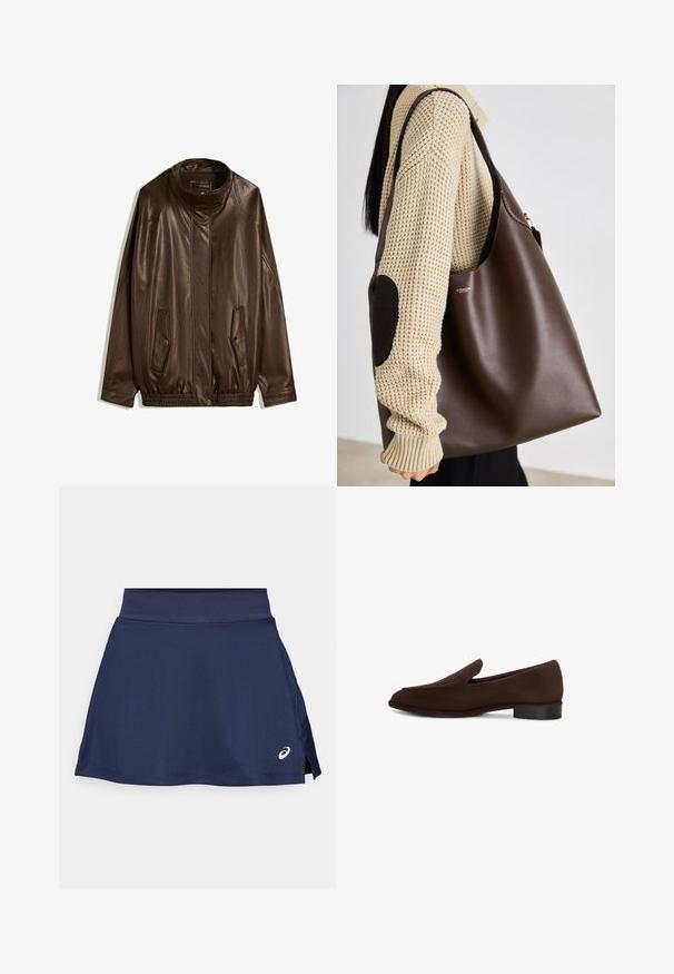 Smeđa kožna jakna s visokim ovratnikom, bočnim džepovima i elastičnim rubom. Glatka tekstura s blago sjajnom završnom obradom.; Bijela pamučna majica s kratkim rukavima i okruglim izrezom. Ima ružičastu oznaku na unutarnjoj strani ovratnika. Glatka tekstura.; Sportska suknja na hlače tamnoplave boje s glatkom teksturom. Ima široki pojas, zvonasti rub i logotip na donjoj desnoj strani.; Smešani smeđi cipele bez pertli s glatkom teksturom, izduženim oblikom, niskim blok petom i minimalističkim dizajnom. Nema vidljivih uzoraka ili ukrasa.; Smeđa kožna torba s dizajnom koji pruža puno prostora. Ima glatku teksturu i suptilan zlatni logo. Uparena s kremastim pletenim puloverom.