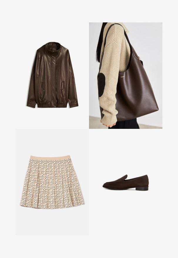 Smeđa kožna jakna s visokim ovratnikom, bočnim džepovima i elastičnim rubom. Glatka tekstura s blago sjajnom završnom obradom.; Bijela pamučna majica s kratkim rukavima i okruglim izrezom. Ima ružičastu oznaku na unutarnjoj strani ovratnika. Glatka tekstura.; Plisirana suknja od bež tkanine s ponavljajućim crnim uzorkom. Ima mekan pojas i blago prošireni dizajn.; Smešani smeđi cipele bez pertli s glatkom teksturom, izduženim oblikom, niskim blok petom i minimalističkim dizajnom. Nema vidljivih uzoraka ili ukrasa.; Smeđa kožna torba s dizajnom koji pruža puno prostora. Ima glatku teksturu i suptilan zlatni logo. Uparena s kremastim pletenim puloverom.