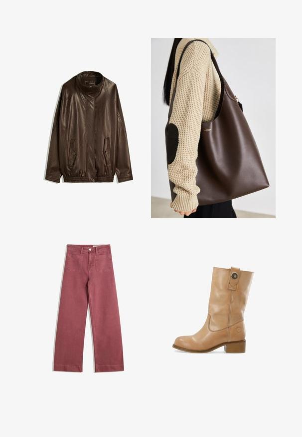 Brązowa skórzana kurtka z wysokim kołnierzem, kieszeniami bocznymi i elastycznym dołem. Gładka tekstura z lekko błyszczącym wykończeniem.; Biała bawełniana koszulka z krótkimi rękawami i okrągłym dekoltem. Posiada różową metkę na wewnętrznej stronie dekoltu. Gładka tekstura.; Spodnie typu wide-leg w stonowanym odcieniu różu. Wykonane z wytrzymałego materiału, z dwiema tylnymi kieszeniami, zapięciem na guzik i szlufkami na pasek.; Brązowe skórzane botki za kostkę z okrągłym noskiem, niskim, warstwowym obcasem, bocznym przeszyciem i zapięciem na zatrzask przy cholewce. Gładka faktura.; Brązowa skórzana torba typu tote o pojemnym designie. Charakteryzuje się gładką fakturą i subtelnym złotym logo. Połączona z kremowym swetrem z dzianiny.