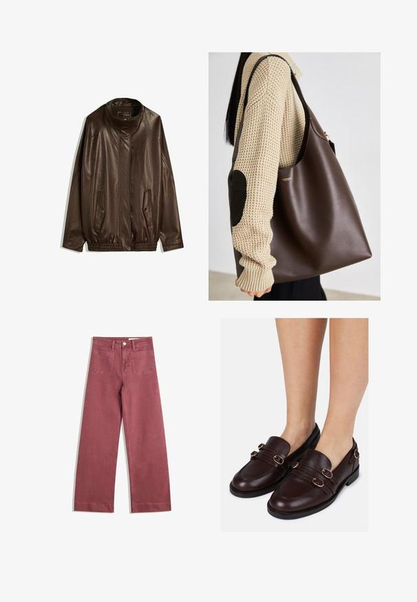 Bruine leren jas met een hoge kraag, zijzakken en een elastische zoom. Gladde textuur met een licht glanzende afwerking.; Witte katoenen t-shirt met korte mouwen en een ronde hals. Bevat een roze label aan de binnenkant van de hals. Soepele textuur.; Brede broek in een gedempte rozenkleur. Gemaakt van stevig materiaal, voorzien van twee achterzakken, knoopsluiting en riemlussen.; Bruine leren instappers met een ronde neus, dubbele banden over de voorkant en decoratieve accenten van goudkleurige hardware aan de zijkanten.; Bruine leren tote bag met een ruime indeling. Kenmerkt zich door een gladde textuur en een subtiele gouden logo. Gekoeld met een crèmekleurige gebreide trui.
