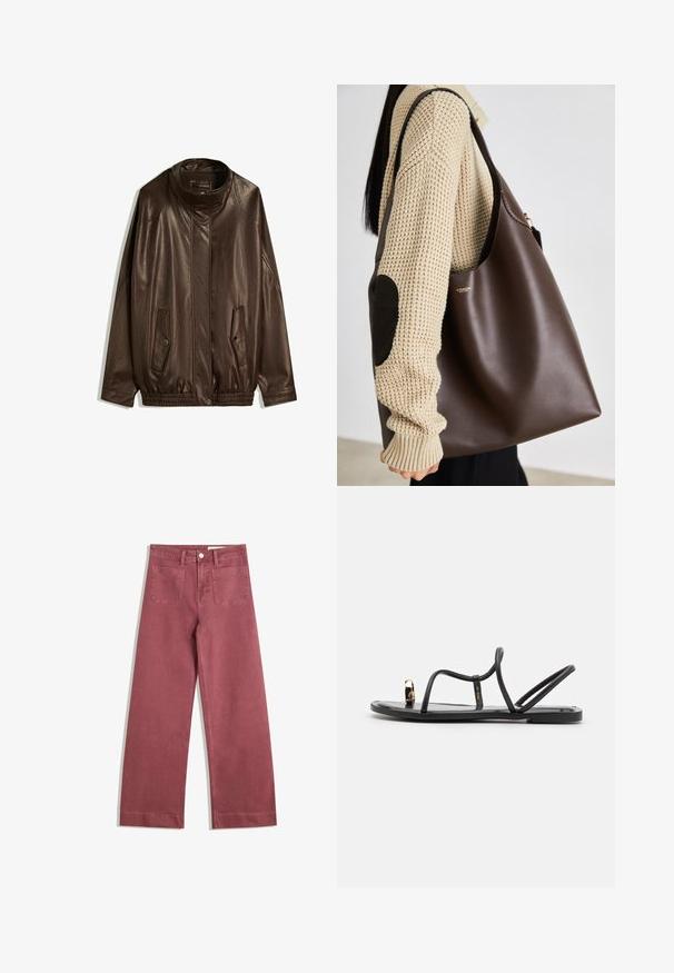 Brown leather jacket with a high collar, side pockets, and elasticized hem. Smooth texture with a slightly shiny finish.; White cotton t-shirt with short sleeves and a round neckline. Features a pink label on the inner neck. Smooth texture.; Wide-leg trousers in a muted rose color. Made from sturdy fabric, featuring two back pockets, button closure, and belt loops.; Black flat sandals with thin straps and a toe ring, featuring a gold accent on the toe. Made of a smooth, shiny material.; Brown leather tote bag with a spacious design. Features a smooth texture and a subtle gold logo. Paired with a cream knit sweater.
