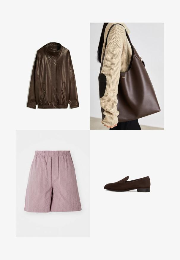 Braune Lederjacke mit hohem Kragen, seitlichen Taschen und elastischem Saum. Glatte Textur mit leicht glänzendem Finish.; Weißes Baumwoll-T-Shirt mit kurzen Ärmeln und einem runden Ausschnitt. Verfügt über ein pinkes Etikett am inneren Hals. Glatte Textur.; Helle rosa Shorts aus strukturiertem Stoff mit elastischem Bund und geradem Schnitt. Verfügt über ein dezentes Muster und einen sauberen Saum.; Brauner Slipper mit glatter Oberfläche, elongated Form, niedrigem Blockabsatz und minimalistischen Design. Keine sichtbaren Muster oder Verzierungen.; Braune Leder-Umhängetasche mit geräumigem Design. Verfügt über eine glatte Textur und ein dezentes Goldenes Logo. Kombiniert mit einem cremefarbenen Strickpullover.