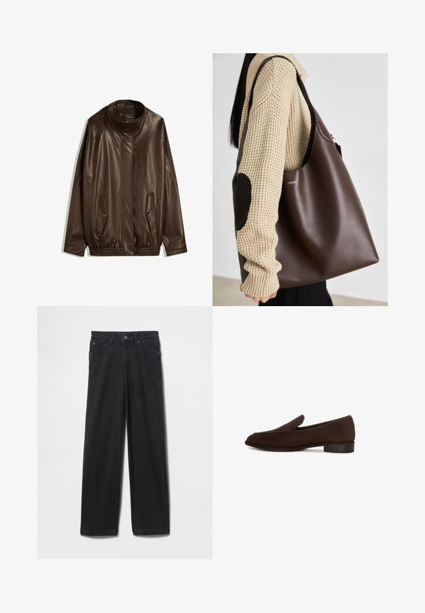 Ruskea nahkatakki, jossa on korkea kaulus, sivutaskut ja elasticisoitu helma. Sileä rakenne, jossa on hieman kiiltävä pinta.; Valkoinen puuvillapaita, jossa on lyhyet hihat ja pyöreä pääntie. Sisäkauluksessa on vaaleanpunainen etiketti. Sujuva kangas.; Mustat farkut, joissa suora lahkeen malli, nappi- ja vetoketjusuljenta, etu- ja takataskut sekä sileä pinta.; Ruskea liukusukka, jossa on sileä pinta, pitkänomainen muoto, matala lohkokanta ja minimalistinen muotoilu. Ei näkyviä kuvioita tai koristeita.; Ruskea nahkainen kassi, jossa on tilava muotoilu. Ominaisuuksina sileä pinta ja hienovarainen kultainen logo. Yhdistetty kermaiseen neulepuseroon.