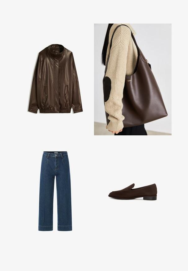 Brun läderjacka med hög krage, sidofickor och elastisk nederkant. Slät textur med en något glansig finish.; Vit bomull t-shirt med korta ärmar och rund halsringning. Har en rosa etikett på insidan av halsen. Slät textur.; Mörkblå vida jeans med hög midja, dragkedja och knapp framtill, bälteshällor och synliga sömdetaljer.; Brun slip-on sko med en slät yta, förlängd form, låg klack och minimalistisk design. Inga synliga mönster eller utsmyckningar.; Brun läder tote-väska med en rymlig design. Har en slät yta och en subtil guldig logotyp. I kombination med en krämfärgad stickad tröja.