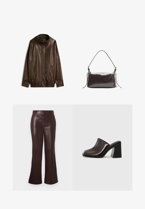Hnědá kožená bunda s vysokým límcem, bočními kapsami a pružným lemem. Hladký povrch s mírně lesklým finišem.; Bílá sportovní tílko s dobře padnoucím designem, výřezovými stranami a černým vyšitým logem. Vyrobeno z pružné, hladké látky.; Hnědé kalhoty z umělé kůže s rozšířenými nohavicemi a hladkým povrchem, vystouplým pasem a zipem. Čisté linie a elegantní silueta.; Tmavě bordó kožené muly se čtveratým špičkou, lesklým povrchem a robustním, texturovaným černým vysokým podpatkem. Jednoduchý design, nazouvací styl.; Hnědá lakovaná kožená kabelka se strukturovaným obdélníkovým tvarem, jedním uchem a stříbrným řetízkovým akcentem na jedné straně.