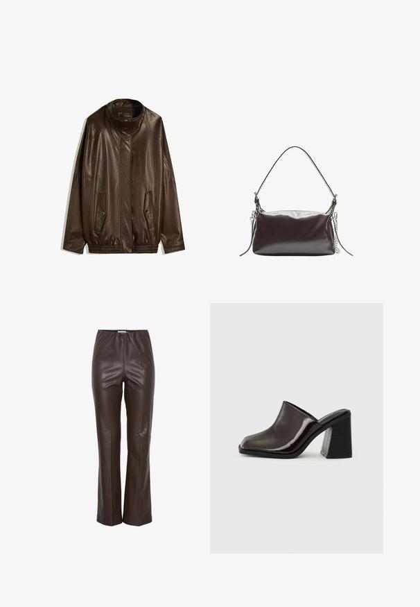 Bruine leren jas met een hoge kraag, zijzakken en een elastische zoom. Gladde textuur met een licht glanzende afwerking.; Witte sporttanktop met een nauwsluitend ontwerp, uitsnijdingen aan de zijkanten en een zwart geborduurd logo. Gemaakt van rekbaar, soepel materiaal.; Bruine nepleer broeken met een gladde textuur, elastische tailleband en een fitted ontwerp dat iets uitloopt bij de enkels.; Donker bordeaux leren mules met een vierkante neus, glanzende afwerking en een chunky, gestructureerde zwarte hoge hak. Eenvoudig ontwerp, instapstijl.; Bruine gepatenteerde leren handtas met een gestructureerde rechthoekige vorm, een enkele handgreep en een zilveren kettingaccent aan één kant.