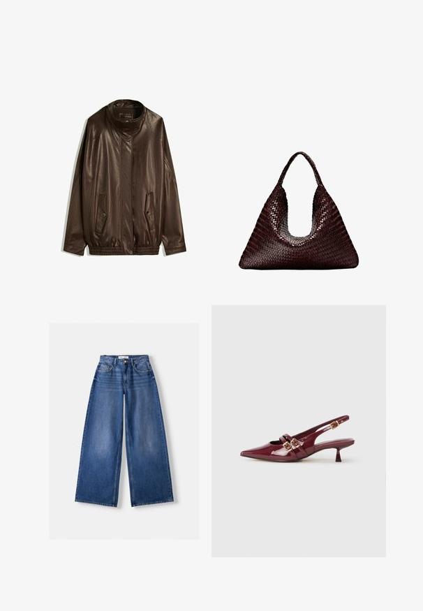 Brown leather jacket with a high collar, side pockets, and elasticized hem. Smooth texture with a slightly shiny finish.; Brown long-sleeve polo shirt featuring horizontal white stripes, a contrast white collar, and a three-button placket. Soft fabric texture.; Bershka WIDE-LEG - Wide Leg - dark blue; Burgundy patent leather slingback shoe with a pointed toe, two flat straps featuring gold buckles, and a small heel.; Woven handbag in dark brown, featuring a triangular shape and a single wide handle. Smooth texture with a consistent braided pattern.