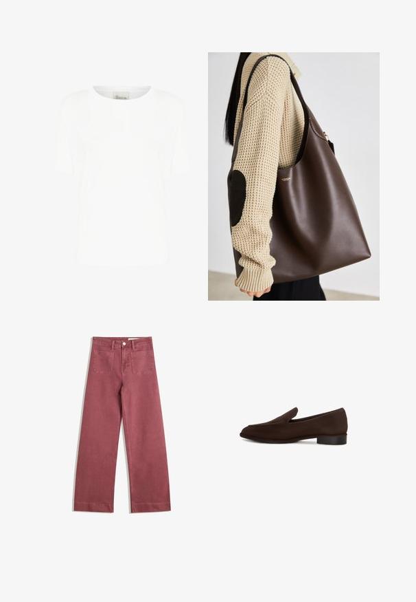 Braune Lederjacke mit hohem Kragen, seitlichen Taschen und elastischem Saum. Glatte Textur mit leicht glänzendem Finish.; Weißes Kurzarm-T-Shirt aus weicher Baumwolle mit rundem Halsausschnitt und lockerer Passform, ohne sichtbare Muster oder Akzente.; Weite Hosen in einem gedämpften Rosaton. Hergestellt aus robuster Stoff, mit zwei Gesäßtaschen, Knopfverschluss und Gürtelschlaufen.; Brauner Slipper mit glatter Oberfläche, elongated Form, niedrigem Blockabsatz und minimalistischen Design. Keine sichtbaren Muster oder Verzierungen.; Braune Leder-Umhängetasche mit geräumigem Design. Verfügt über eine glatte Textur und ein dezentes Goldenes Logo. Kombiniert mit einem cremefarbenen Strickpullover.