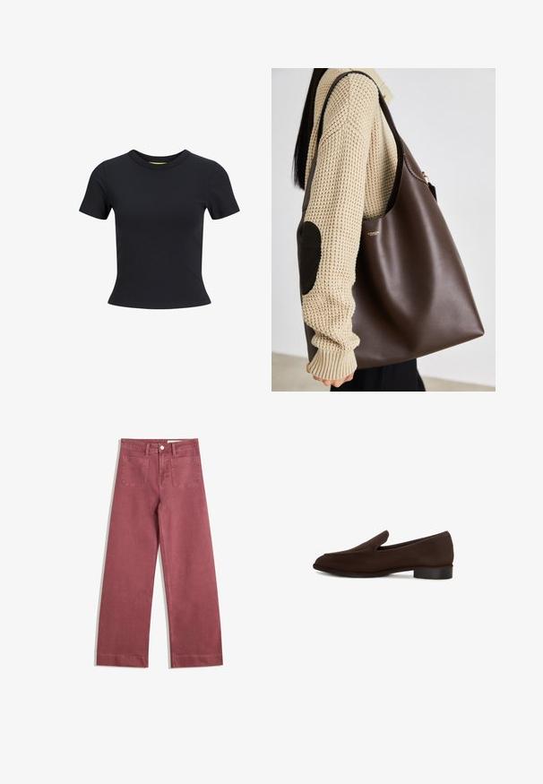 Jachetă din piele maro cu guler înalt, buzunare laterale și tiv elastic. Textură netedă cu un finisaj ușor lucios.; Tricou negru cu mânecă scurtă, fabricat din bumbac neted, cu decolteu rotund și o siluetă ajustată. Design simplu, cu o singură culoare.; Pantaloni cu picioare largi într-o nuanță de roz pal. Fabricat dintr-un material rezistent, având două buzunare la spate, închidere cu nasture și curea.; Pantof de culoare maro, cu textură netedă, formă alungită, toc mic și design minimalist. Fără modele sau embellismente vizibile.; Geantă tote din piele maro cu un design spațios. Prezintă o textură netedă și un logo auriu subtil. Asortată cu un pulover tricotat crem.