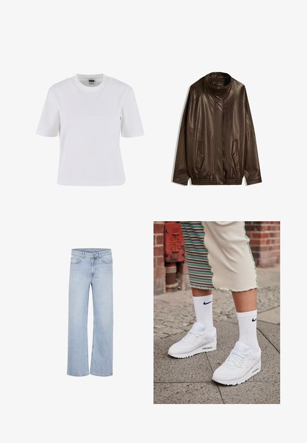 Brun læderjakke med høj krave, sidelommer og elastisk afslutning. Glat tekstur med en let glinsende overflade.; Hvid kortærmet t-shirt lavet af bomuld, med rund hals, afslappet pasform og glat tekstur med minimale syninger.; Lys blå vide bukser lavet af denim. Har bæltestropper, fem-lommer design og syede detaljer langs sømmene.; Hvide Nike Air Max 90 sneakers med mesh og læderoverdel, der har en synlig luftenhed, parret med hvide ribbede sokker med sort logo.