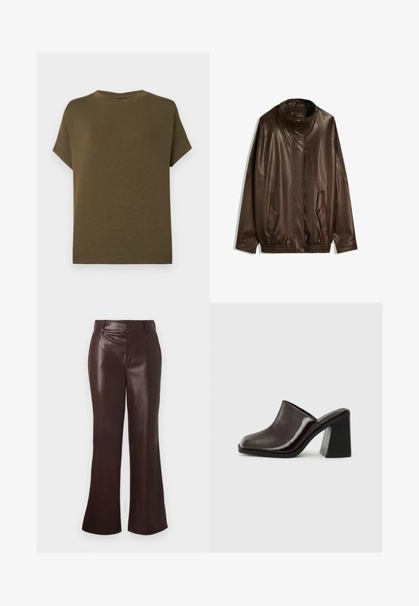 Smeđa kožna jakna s visokim ovratnikom, bočnim džepovima i elastičnim rubom. Glatka tekstura s blago sjajnom završnom obradom.; Maslina zelena majica s kratkim rukavima, izrađena od mekog, teksturiranog materijala. Ima okrugli izrez i ravni rub bez ukrasa.; Smeđe hlače od umjetne kože sa širom nogavicom i glatkom teksturom, s pojasom u struku i zatvaračem na munju. Čiste linije i elegantan silueta.; Tamno burgundski kožni mule sa četvrtastim vrhom, sjajnom završnom obradom i čvrstim, teksturiranim crnim visokim potplatom. Jednostavan dizajn, za lako obuvanje.