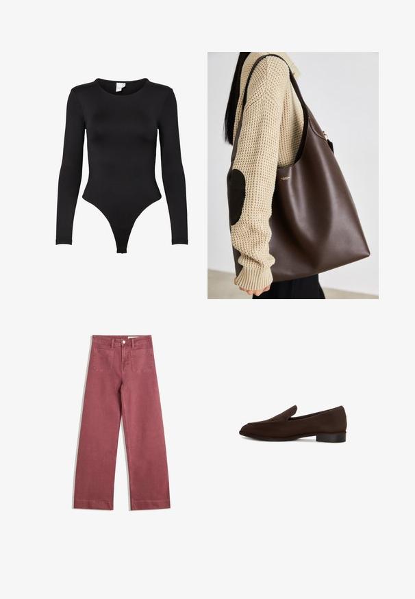 Giacca in pelle marrone con colletto alto, tasche laterali e bordo elasticizzato. Texture liscia con una finitura leggermente lucida.; Body lungo nero in tessuto elasticizzato. Presenta un collo rotondo e un design con fondo a perizoma con bordi senza cuciture per il massimo comfort.; Pantaloni a gamba larga in un colore rosa tenue. Realizzati in un tessuto resistente, presentano due tasche posteriori, chiusura con bottone e passanti per la cintura.; Scarpa marrone slip-on con una texture liscia, forma allungata, tacco basso a blocco e design minimalista. Nessun motivo o decorazione visibile.; Borsa tote in pelle marrone con un design spazioso. Presenta una texture liscia e un logo dorato discreto. Abbinata a un maglione lavorato a maglia color crema.