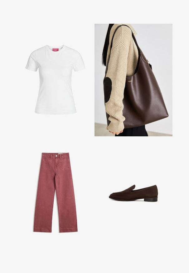 Brązowa skórzana kurtka z wysokim kołnierzem, kieszeniami bocznymi i elastycznym dołem. Gładka tekstura z lekko błyszczącym wykończeniem.; Biała bawełniana koszulka z krótkimi rękawami i okrągłym dekoltem. Posiada różową metkę na wewnętrznej stronie dekoltu. Gładka tekstura.; Spodnie typu wide-leg w stonowanym odcieniu różu. Wykonane z wytrzymałego materiału, z dwiema tylnymi kieszeniami, zapięciem na guzik i szlufkami na pasek.; Brązowy but wsuwany o gładkiej fakturze, wydłużonym kształcie, niskim słupkowym obcasie i minimalistycznym designie. Bez widocznych wzorów czy ozdób.; Brązowa skórzana torba typu tote o pojemnym designie. Charakteryzuje się gładką fakturą i subtelnym złotym logo. Połączona z kremowym swetrem z dzianiny.