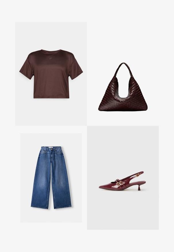 Hnědá kožená bunda s vysokým límcem, bočními kapsami a pružným lemem. Hladký povrch s mírně lesklým finišem.; Krátký rukáv, zkrácený hnědý sportovní top vyrobený z hladkého, lehkého materiálu se slabým leskem a malým logem na hrudi.; Bershka WIDE-LEG - Wide leg - dark blue; Burgundská lakovaná slingback obuv s špičatou špičkou, dvěma plochými pásky se zlatými přezkami a malým podpatkem.; Tkaná kabelka v tmavě hnědé barvě, se trojúhelníkovým tvarem a jedním širokým uchem. Hladká textura s rovnoměrným pleteným vzorem.