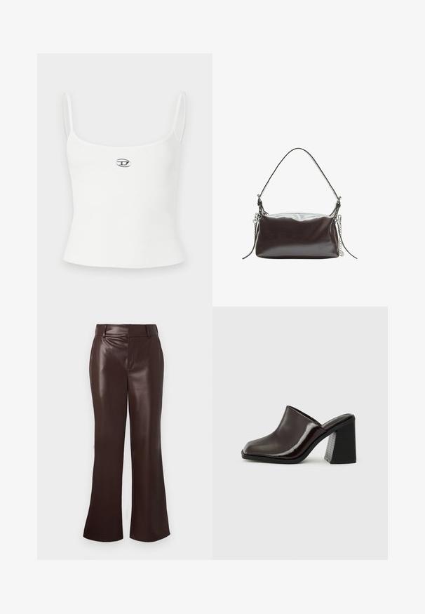 Smeđa kožna jakna s visokim ovratnikom, bočnim džepovima i elastičnim rubom. Glatka tekstura s blago sjajnom završnom obradom.; Bijeli rebrasti top s tankim naramenicama i pripijeni kroj. Na sredini se nalazi mali okrugli logo. Glatka tekstura, minimalistički stil.; Smeđe hlače od umjetne kože sa širom nogavicom i glatkom teksturom, s pojasom u struku i zatvaračem na munju. Čiste linije i elegantan silueta.; Tamno burgundski kožni mule sa četvrtastim vrhom, sjajnom završnom obradom i čvrstim, teksturiranim crnim visokim potplatom. Jednostavan dizajn, za lako obuvanje.; Smeđa patentirana kožna torba s strukturiranim pravokutnim oblikom, jednim ručkom i srebrnim lancem kao naglaskom s jedne strane.