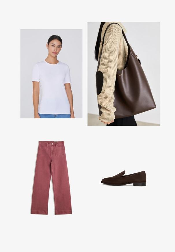 Braune Lederjacke mit hohem Kragen, seitlichen Taschen und elastischem Saum. Glatte Textur mit leicht glänzendem Finish.; Weißes Kurzarm-T-Shirt aus weichem Stoff, mit runder Ausschnitt und taillierter Silhouette, vor einem neutralen Hintergrund präsentiert.; Weite Hosen in einem gedämpften Rosaton. Hergestellt aus robuster Stoff, mit zwei Gesäßtaschen, Knopfverschluss und Gürtelschlaufen.; Brauner Slipper mit glatter Oberfläche, elongated Form, niedrigem Blockabsatz und minimalistischen Design. Keine sichtbaren Muster oder Verzierungen.; Braune Leder-Umhängetasche mit geräumigem Design. Verfügt über eine glatte Textur und ein dezentes Goldenes Logo. Kombiniert mit einem cremefarbenen Strickpullover.