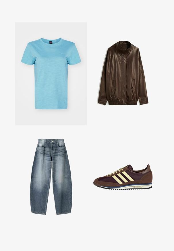 Rjava usnjena jakna z visoko ovratnico, stranskimi žepi in elastiziranim robom. Gladka tekstura z rahlo sijočim zaključkom.; Svetlo modra bombažna majica s krožnim izrezom, kratkimi rokavi in logotipom na levi strani. Mehka tekstura s subtilnim heather vzorcem.; Široke kavbojke iz svetlo modrega denima s postopnim zbledeljem, z zasnovo petih žepov, gumbom za zapiranje in minimalnimi podrobnostmi šivanja.; Rjavi in rdeče-burgundske teniske iz usnja in mrežastega materiala, ki imajo tri smetane stripe, teksturirano blago na jeziku in gumijast podplat.