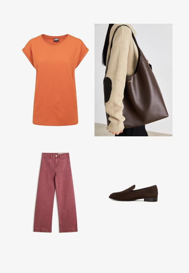 Brun læderjakke med høj krave, sidelommer og elastisk afslutning. Glat tekstur med en let glinsende overflade.; Orange bomulds T-shirt med afslappet pasform, rund halsudskæring og foldede korte ærmer. Simpelt design uden synlige mønstre eller accenter.; Bredde bukser i en dæmpet lyserød farve. Fremstillet af sturdigt stof, med to baglommer, knaplukning og bæltestropper.; Brun slip-on sko med en glat tekstur, forlænget form, lav blokhæl og minimalistisk design. Ingen synlige mønstre eller udsmykninger.; Brun læder tote taske med et rummeligt design. Har en glat tekstur og et diskret guldlogo. Parret med en cremefarvet strikket trøje.