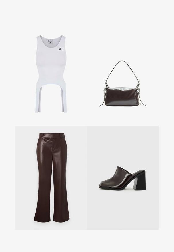 Brun læderjakke med høj krave, sidelommer og elastisk afslutning. Glat tekstur med en let glinsende overflade.; Hvid sports tanktop med en tætsiddende design, udskårne sider og sort broderet logo. Fremstillet af strækbart, glat stof.; Brune faux læder flared bukser med en glat tekstur, der har en bæltestrop i taljen og en lynlås foran. Rene linjer og en slank silhuet.; Mørk burgunder lædermules med firkantet tå, glat finish og en chunky, tekstureret sort høj hæl. Enkel design, sutsko-stil.; Brun patentlæder håndtaske med en struktureret rektangulær form, et enkelt håndtag og en sølv kæde accenter på den ene side.